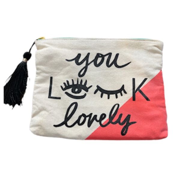 Source Unknown Handbags - You Look Lovely Women Cosmetic Bag Size 9" Coral Canvas Tan Tote Black Tassel